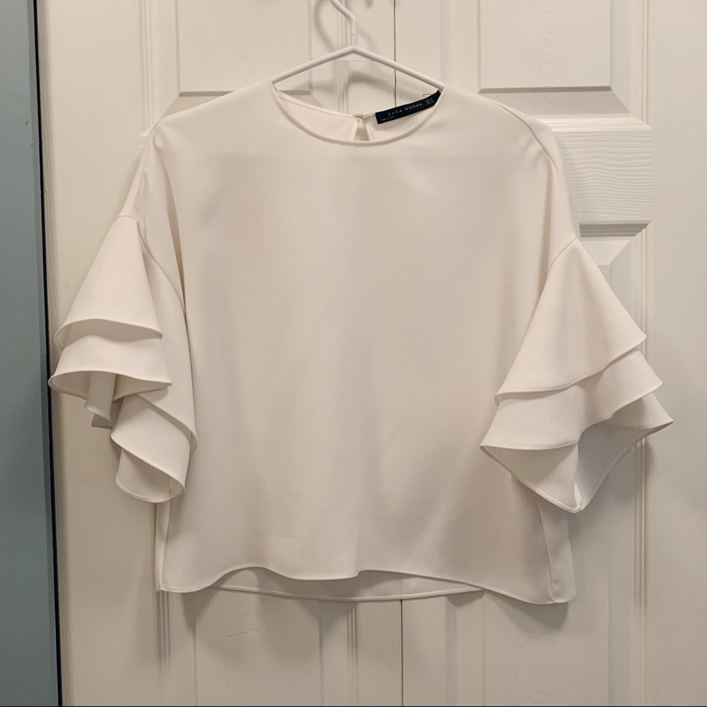 ZARA Blouse with Ruffled Sleeves - White - XS